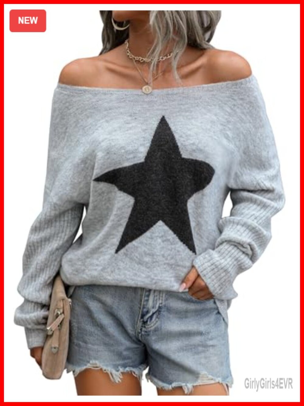 Women's Off Shoulder Knit Pullover Sweater Star Graphic Long Sleeve Casual Fall